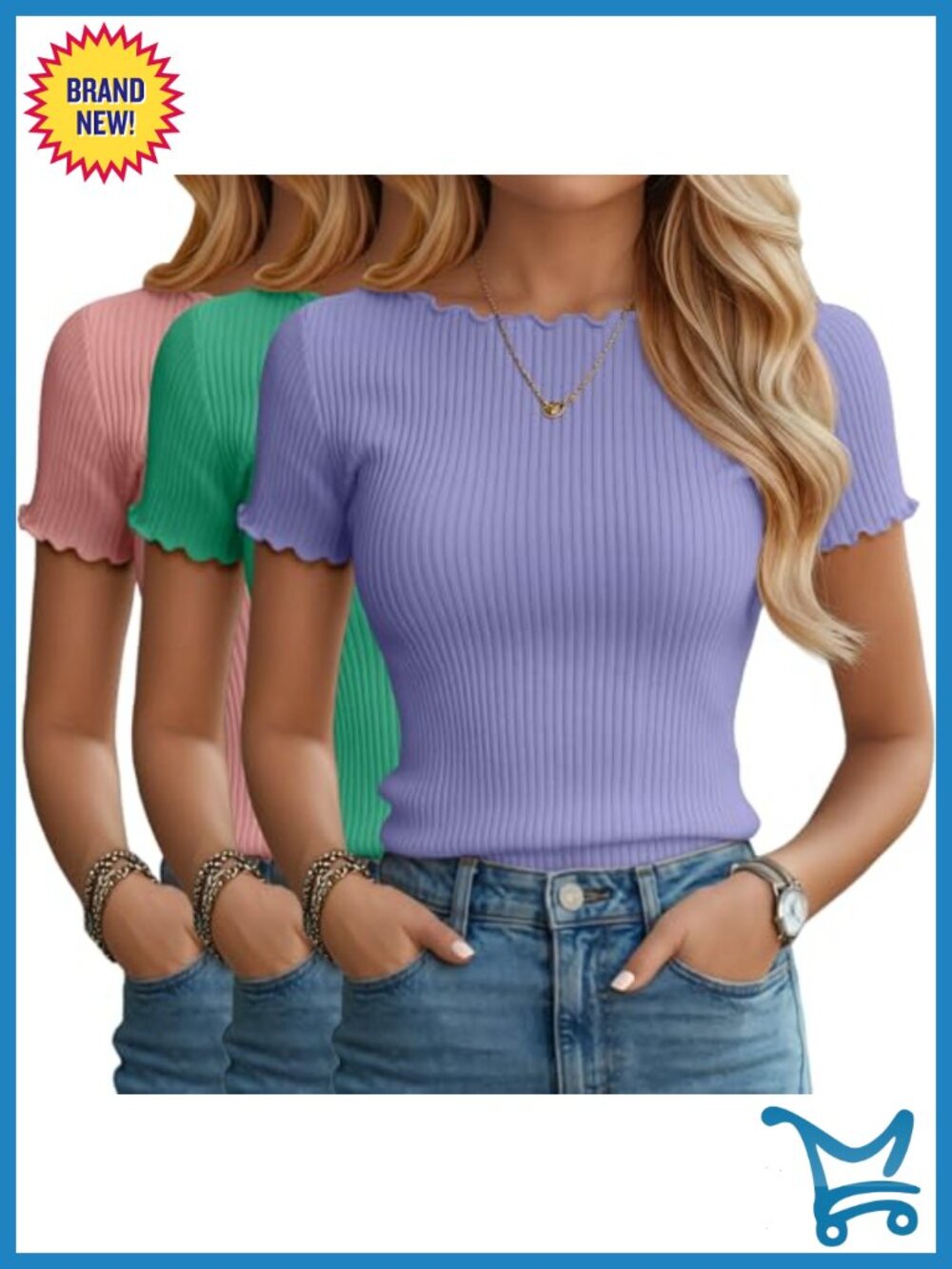 3 Pack Women's Boat Neck Ribbed Crop Tops Lettuce Trim Tees